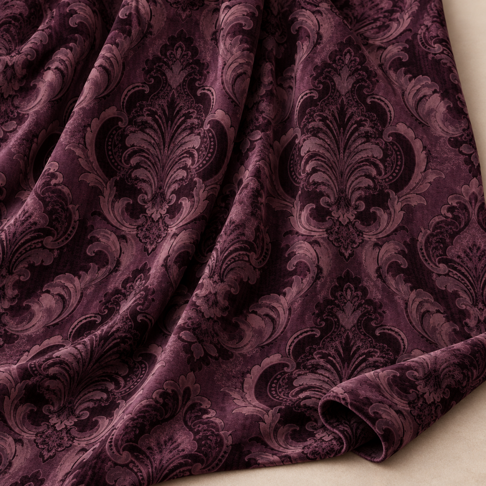 Mürdüm Damask Kumaş – Ton Sür Ton Barok Akantus Desenli Kumaş