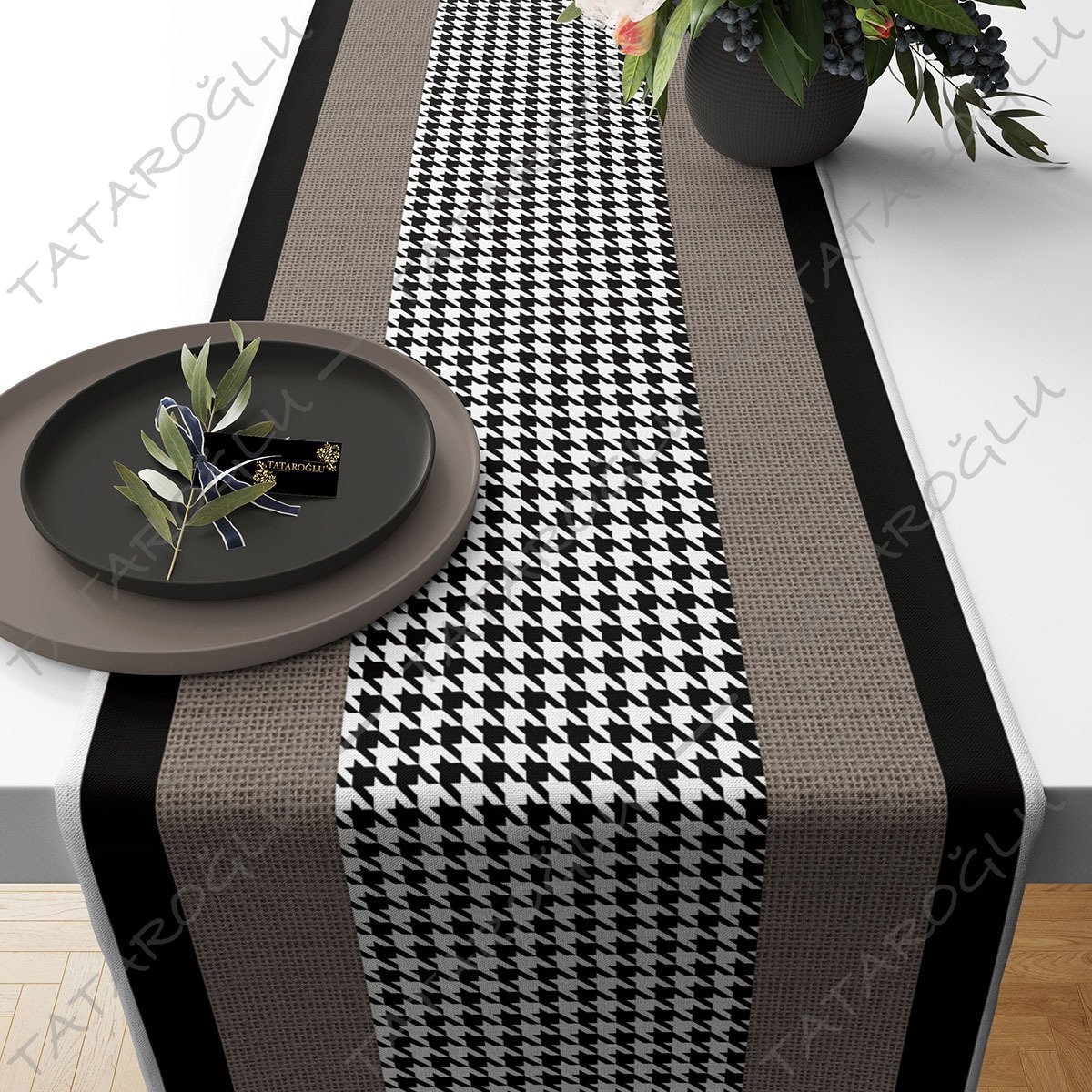 50 cm Runner Jute Look Houndstooth Patterned Fabric (FALL SALE)