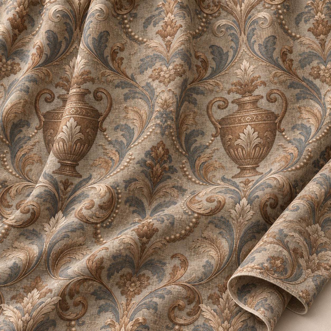 Bej Damask Kumaş – Antik Vazo ve Akantus Desenli Klasik Kumaş
