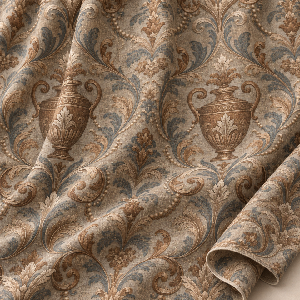 Bej Damask Kumaş – Antik Vazo ve Akantus Desenli Klasik Kumaş