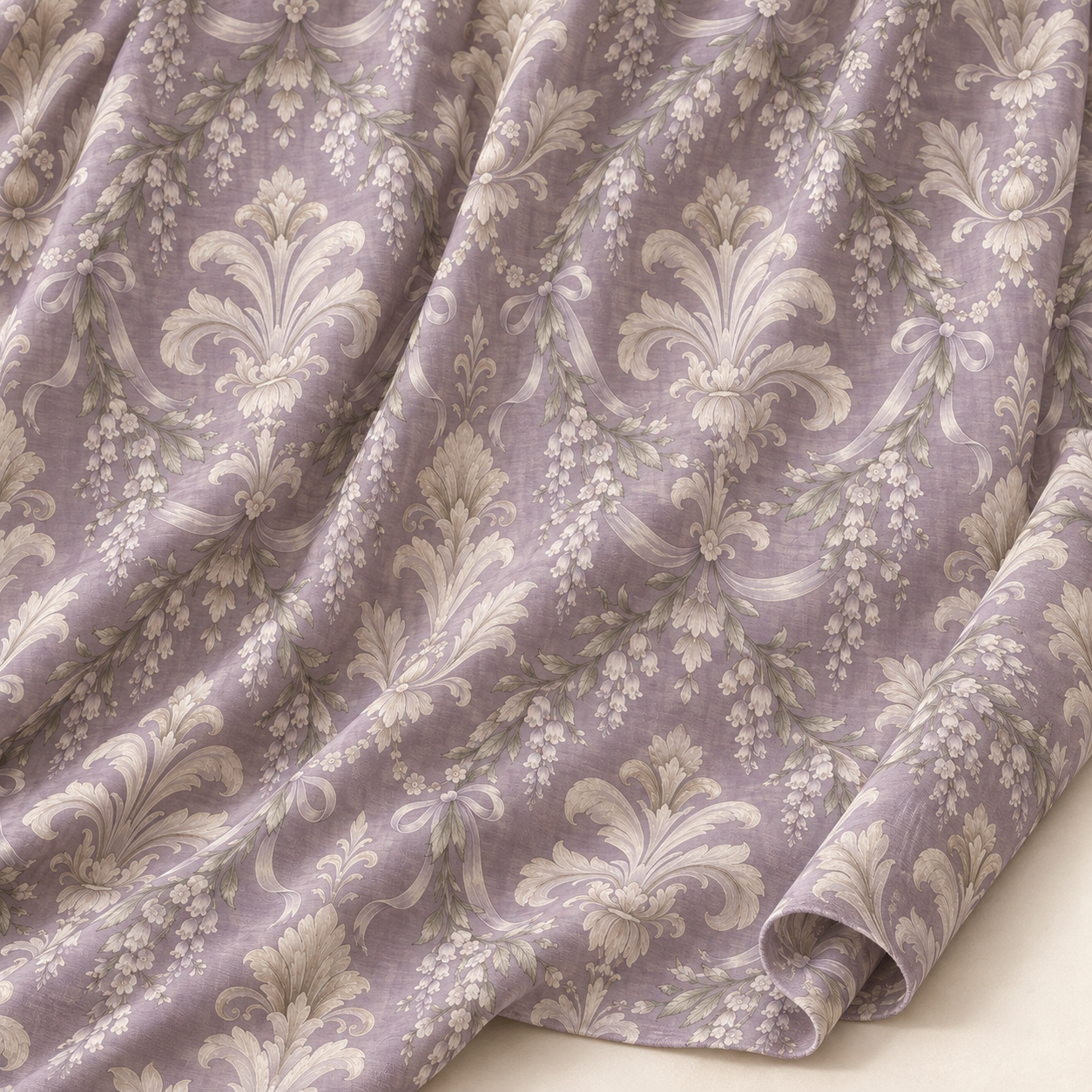Lila Damask Kumaş – Çiçek Girlandlı ve Kurdeleli Klasik Desen