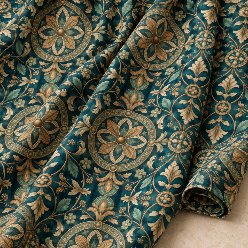 Petrol Yeşili Damask Kumaş – Altın Madalyonlu Klasik Desen