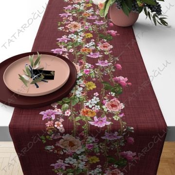 50 cm'lik Runner Bordo Keten Efektli Çiçekli Kumaş(SONBAHAR İNDİRİMİ)