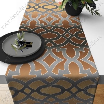 50 cm'lik Runner Kahve Geçişli Zemin Üzerine Gri Efektli Geometrik Desen ( indirim %20)