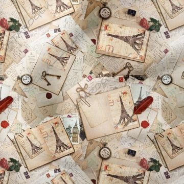 Vintage Kart Postal Mektupların Üzerine Pusulalı Kitap Desenli Kumaş(SONBAHAR İNDİRİMİ)