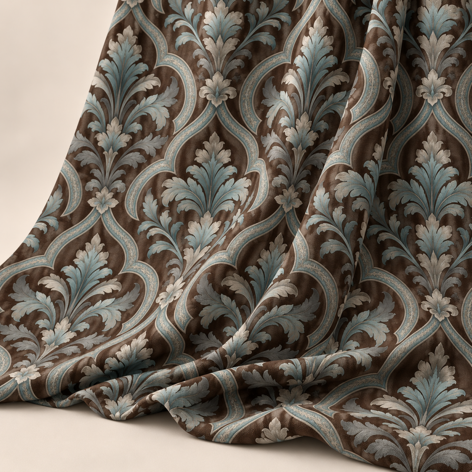 Turkuaz Damask Kumaş – Kahverengi Akantus Desenli Klasik Kumaş