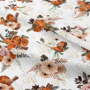 Yılbaşı Koleksiyonu- Winter Wonder Collection Yılbaşı Temalı Çiçek, Tarçın, Portakallı Dijital Baskılı Kumaş