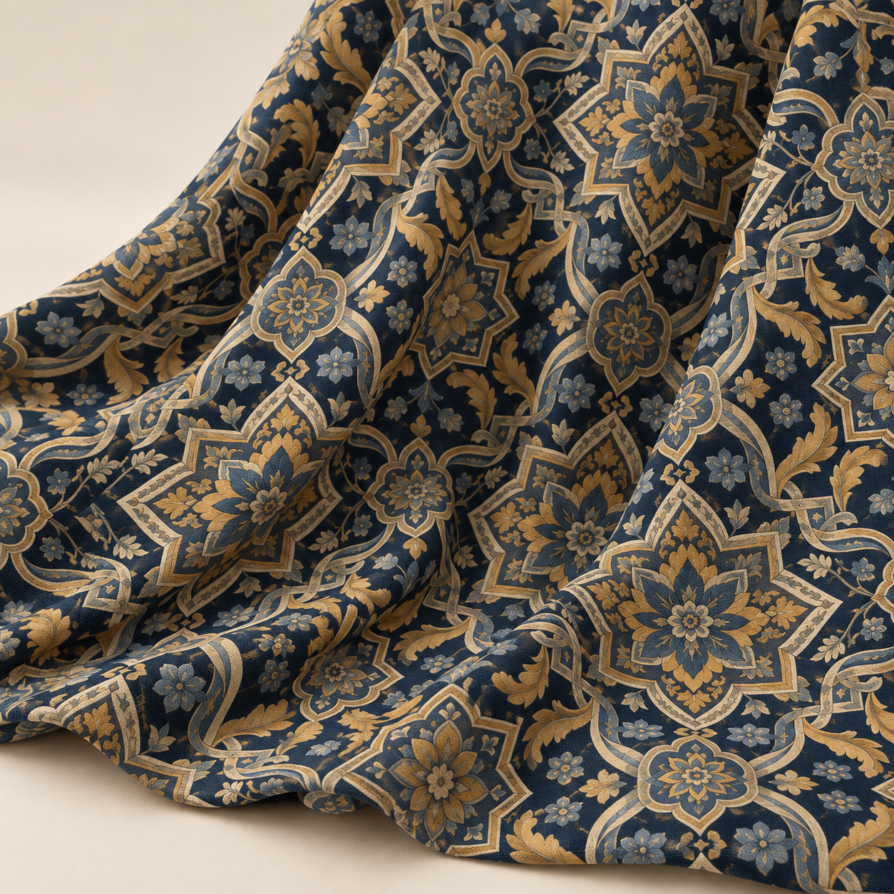 Lacivert Damask Kumaş – Hardal Altın Çiçekli Klasik Dekoratif Kumaş