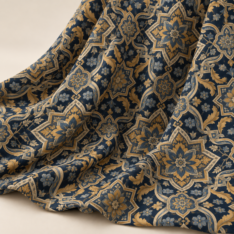 Lacivert Damask Kumaş – Hardal Altın Çiçekli Klasik Dekoratif Kumaş