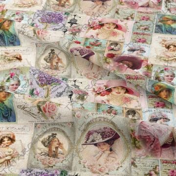 Renkli Çiçekli Vintage Fransız Kadınları Desenli Dijital Baskılı Kumaş(SONBAHAR İNDİRİMİ)