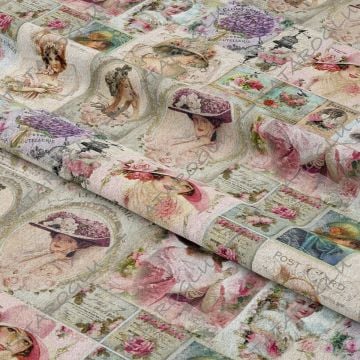 Renkli Çiçekli Vintage Fransız Kadınları Desenli Dijital Baskılı Kumaş(SONBAHAR İNDİRİMİ)