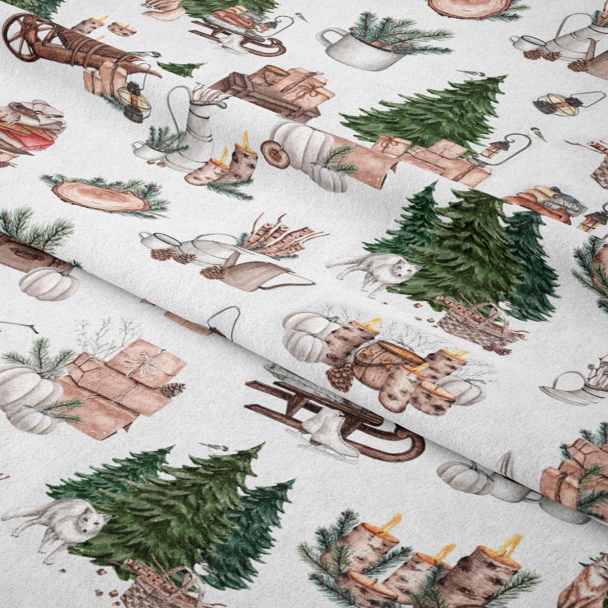 Yılbaşı Koleksiyonu- Winter Wonder Collection Yılbaşı Temalı Çam Ağacı, Balkabağı, Hediye Paketi, Kurt, Tavşan Desenli Kumaş