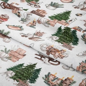 Yılbaşı Koleksiyonu- Winter Wonder Collection Yılbaşı Temalı Çam Ağacı, Balkabağı, Hediye Paketi, Kurt, Tavşan Desenli Kumaş