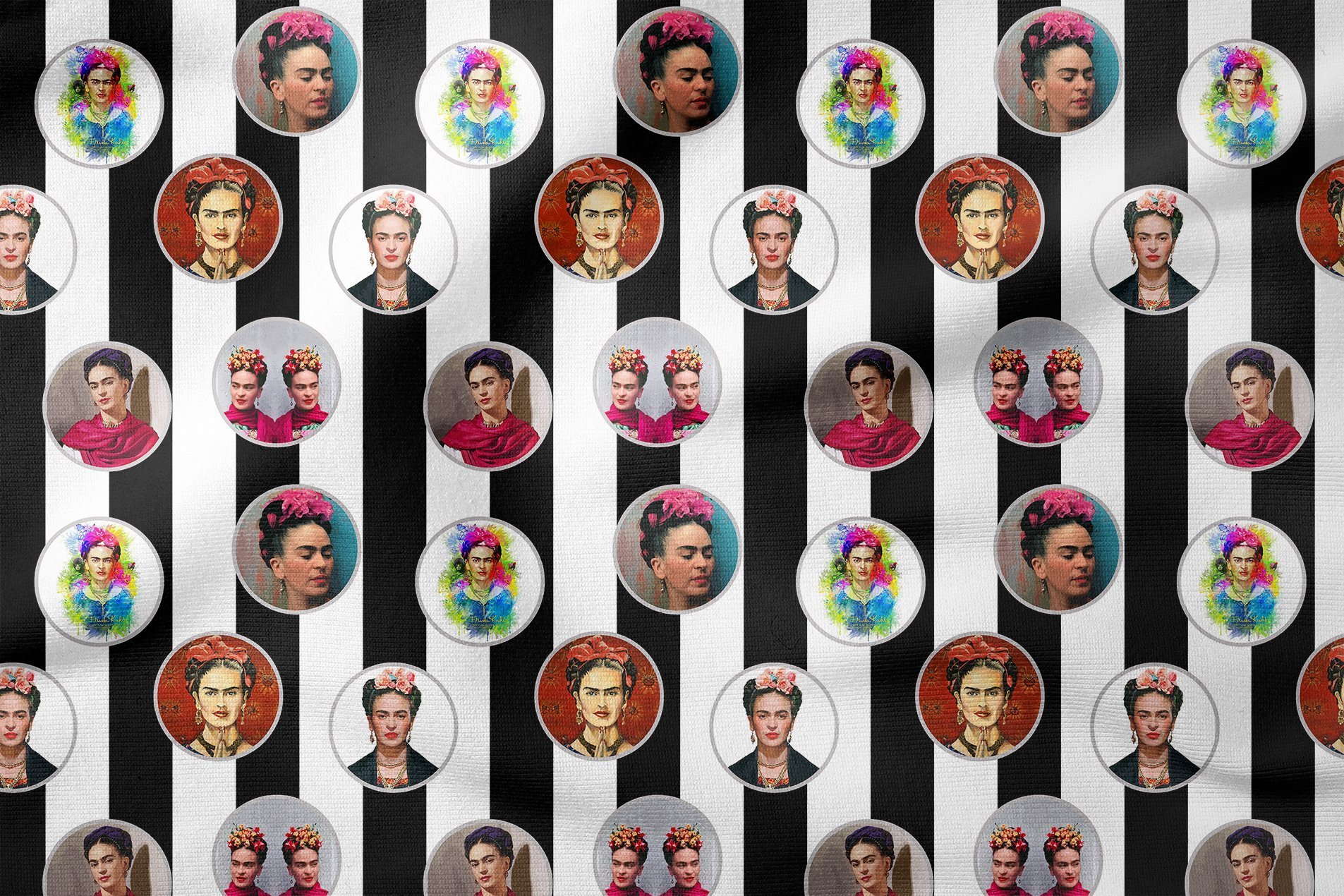 Siyah Beyaz Çizgili Zemin Üzerine Frida Kahlo Desenli Kumaş(SONBAHAR İNDİRİMİ)