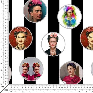 Siyah Beyaz Çizgili Zemin Üzerine Frida Kahlo Desenli Kumaş(SONBAHAR İNDİRİMİ)