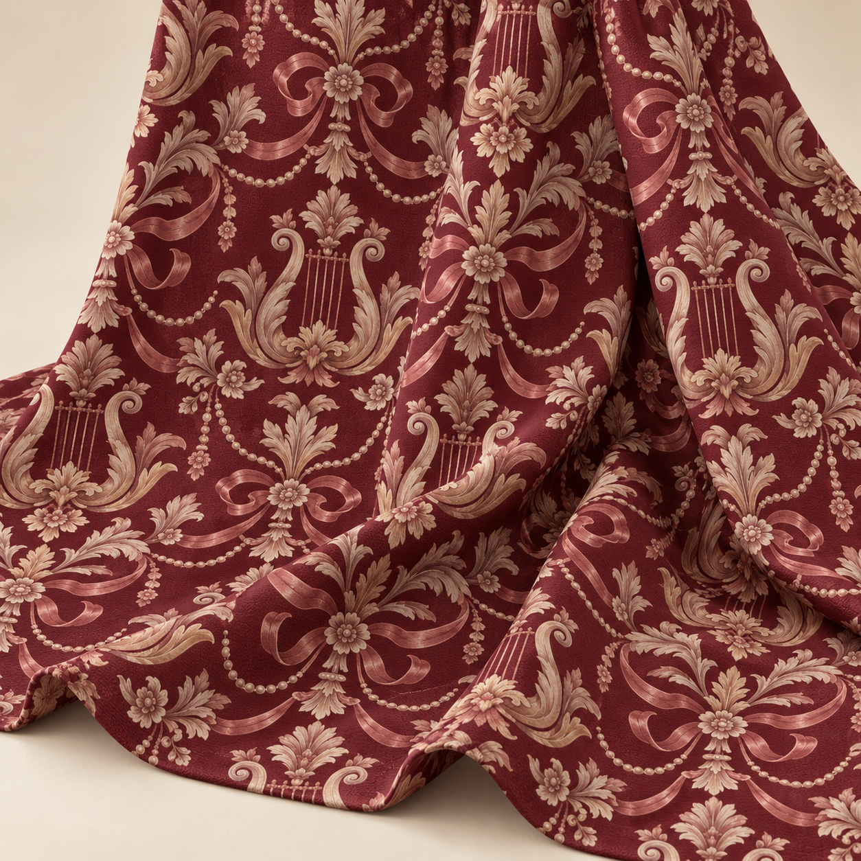 Bordo Damask Kumaş – Lir ve Fiyonk Desenli Klasik Dekoratif Kumaş