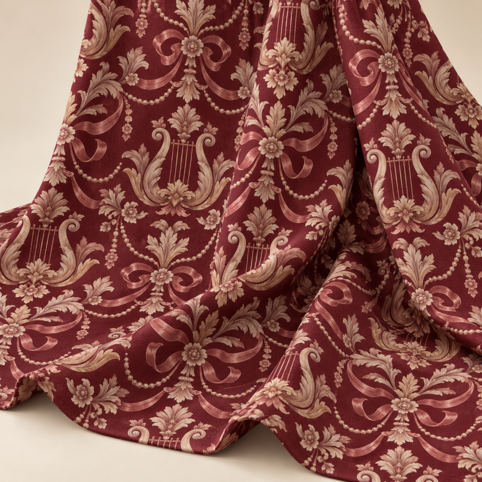Bordo Damask Kumaş – Lir ve Fiyonk Desenli Klasik Dekoratif Kumaş