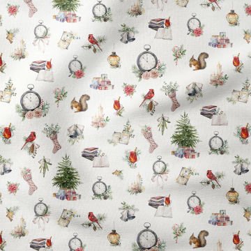 Yılbaşı Koleksiyonu- Winter Wonder Collection Yılbaşı Temalı Kuşlu, Sincaplı, Çam Ağaçlı Desenli Dijital Baskılı Kumaş