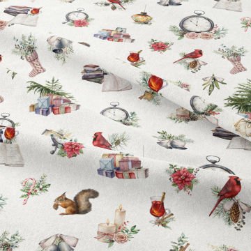 Yılbaşı Koleksiyonu- Winter Wonder Collection Yılbaşı Temalı Kuşlu, Sincaplı, Çam Ağaçlı Desenli Dijital Baskılı Kumaş