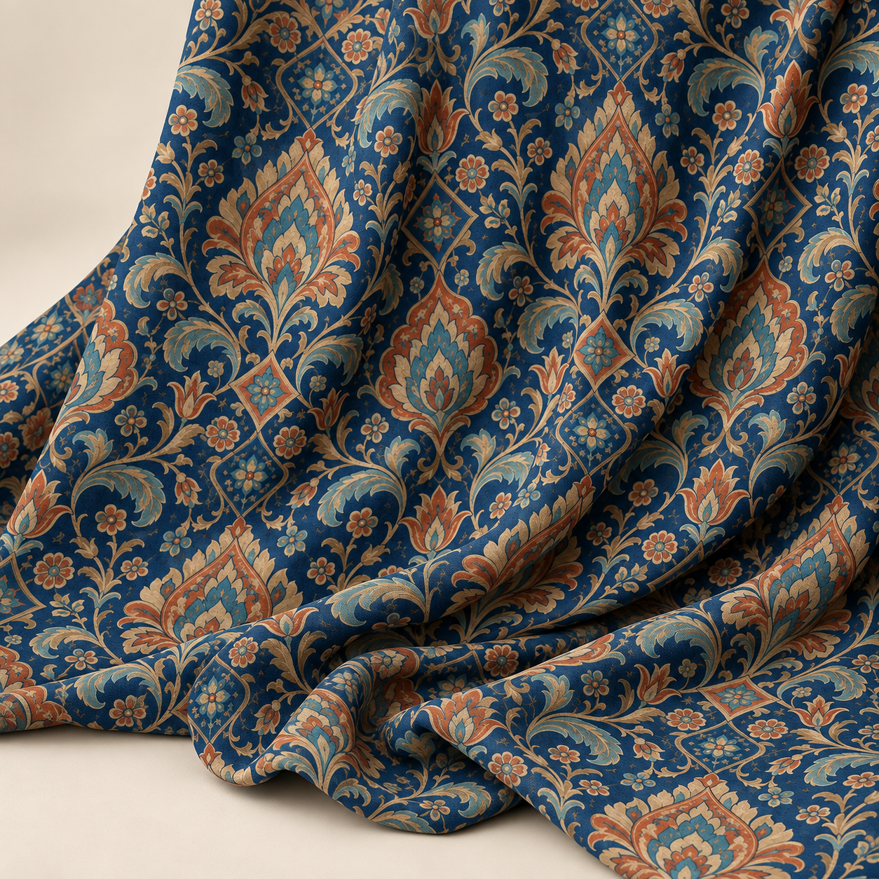 Lacivert Damask Kumaş – Kiremit ve Turkuaz Çiçekli Klasik Dekoratif Kumaş