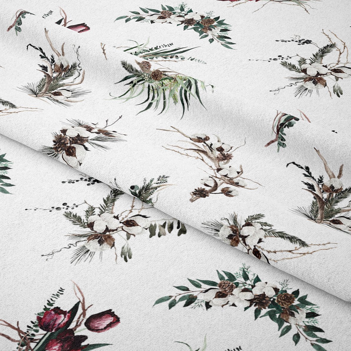 Yılbaşı Koleksiyonu- Winter Wonder Collection Yılbaşı Temalı Kozalaklı, Pamuklu, Çiçek Desenli Kumaş