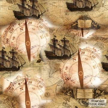 Fabric with Ship and Compass Pattern on Aged Map