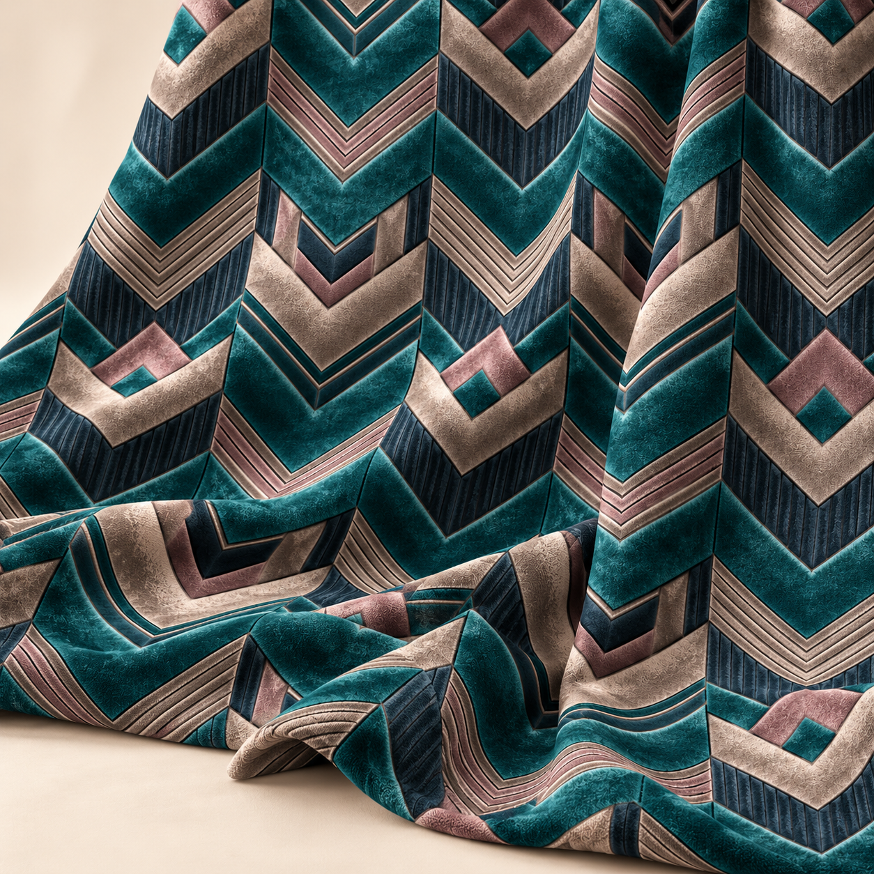 Geometrik Chevron Kumaş – Petrol Yeşili Pudra Modern Dekoratif Kumaş
