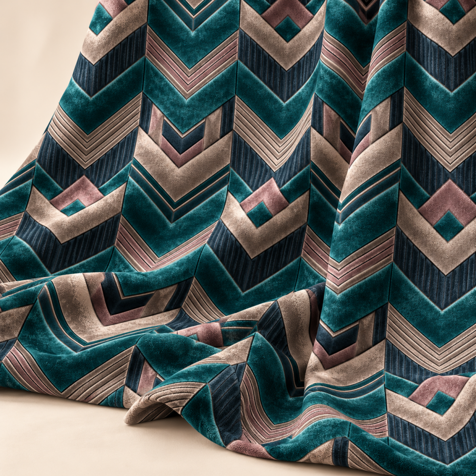 Geometrik Chevron Kumaş – Petrol Yeşili Pudra Modern Dekoratif Kumaş