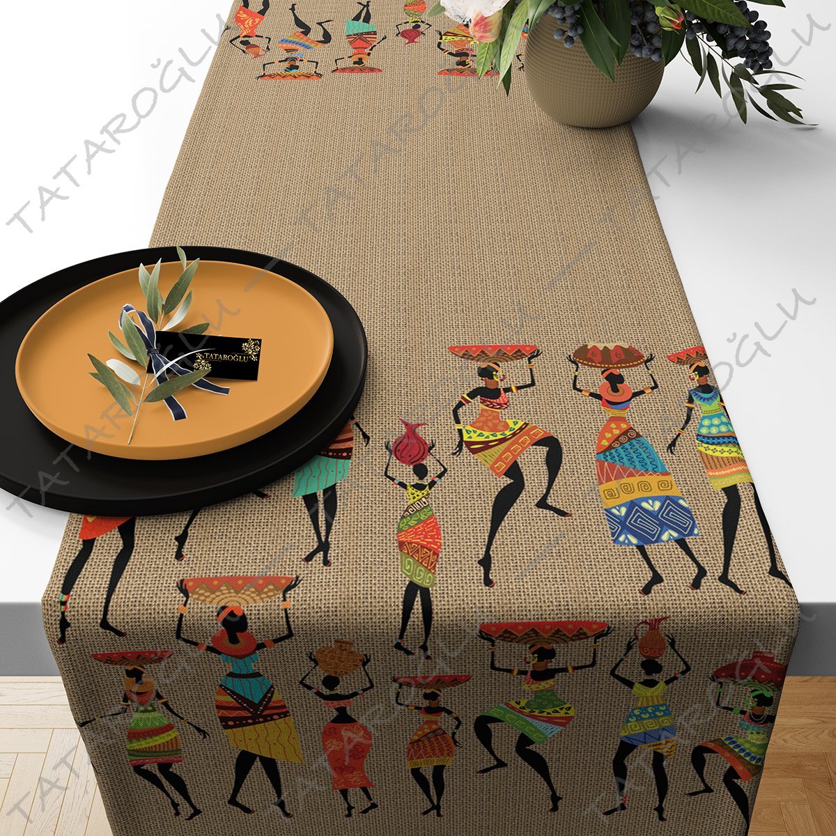 50cm'lik Runner Jüt Görünümlü Kumaş Üzerine Afrikalı Kadın Desenli Dijital Baskılı Kumaş(SONBAHAR İNDİRİMİ)