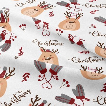 Yılbaşı Koleksiyonu- Winter Wonder Collection, Yılbaşı Şapkalı Merry Christmas Geyikleri ve Yılbaşı Eldivenleri Desenli Döşemelik Kumaş