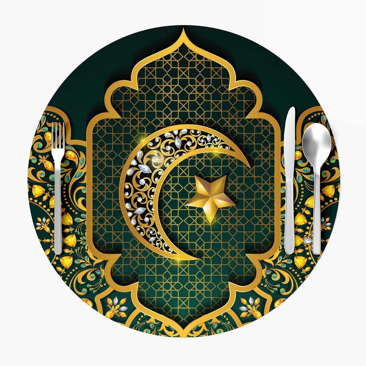 Ramazan Koleksiyonu-Yeşil Ay Yıldız Servis Suplası 3'lü Set Kumaşı(%20 İNDİRİM)