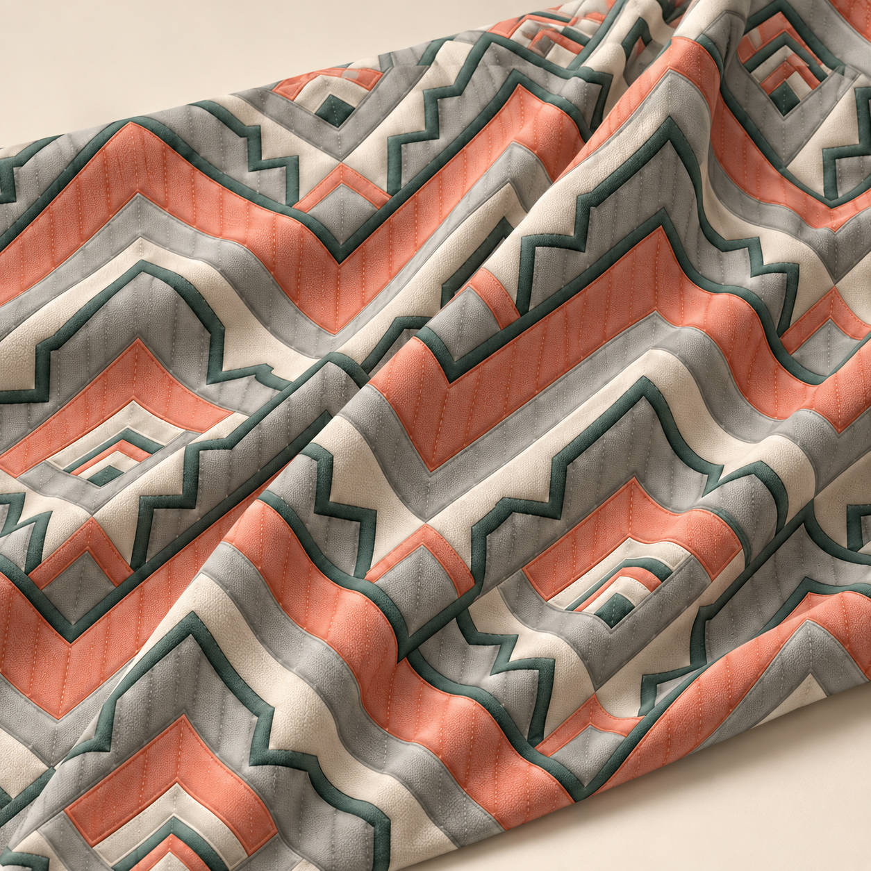 Kapitone Zigzag Kumaş – Mercan Gri Yeşil Geometrik Desenli Kumaş