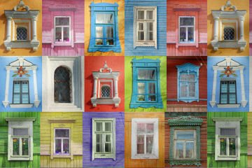 Renkli Duvarlarda Eski Pencere Desenli Dijital Baskı Kumaş