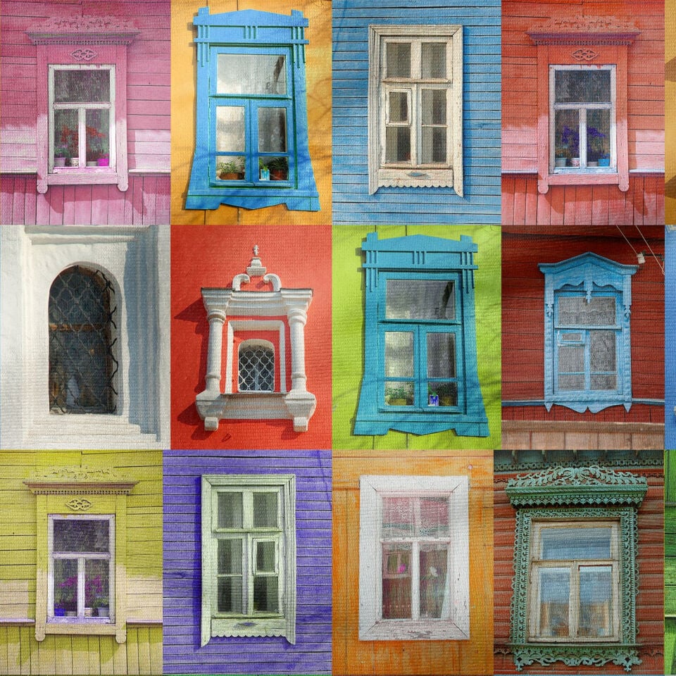 Renkli Duvarlarda Eski Pencere Desenli Dijital Baskı Kumaş