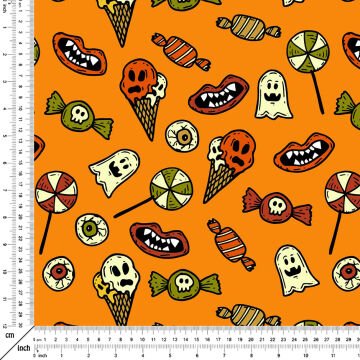 Happy Halloween Turuncu zemin üzerinde Hayaletler, Şekerler Vampir Dişleri Cadılar Bayramı desenli kumaş