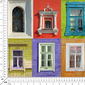 Renkli Duvarlarda Eski Pencere Desenli Dijital Baskı Kumaş