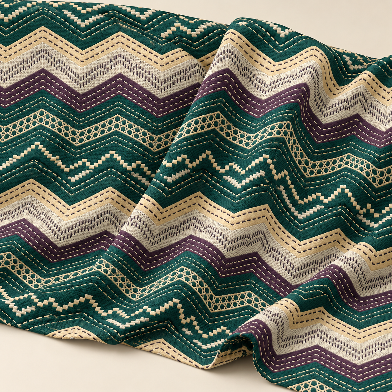 Nakış Zigzag Kumaş – Petrol Yeşili Etnik Boho Desenli Kumaş
