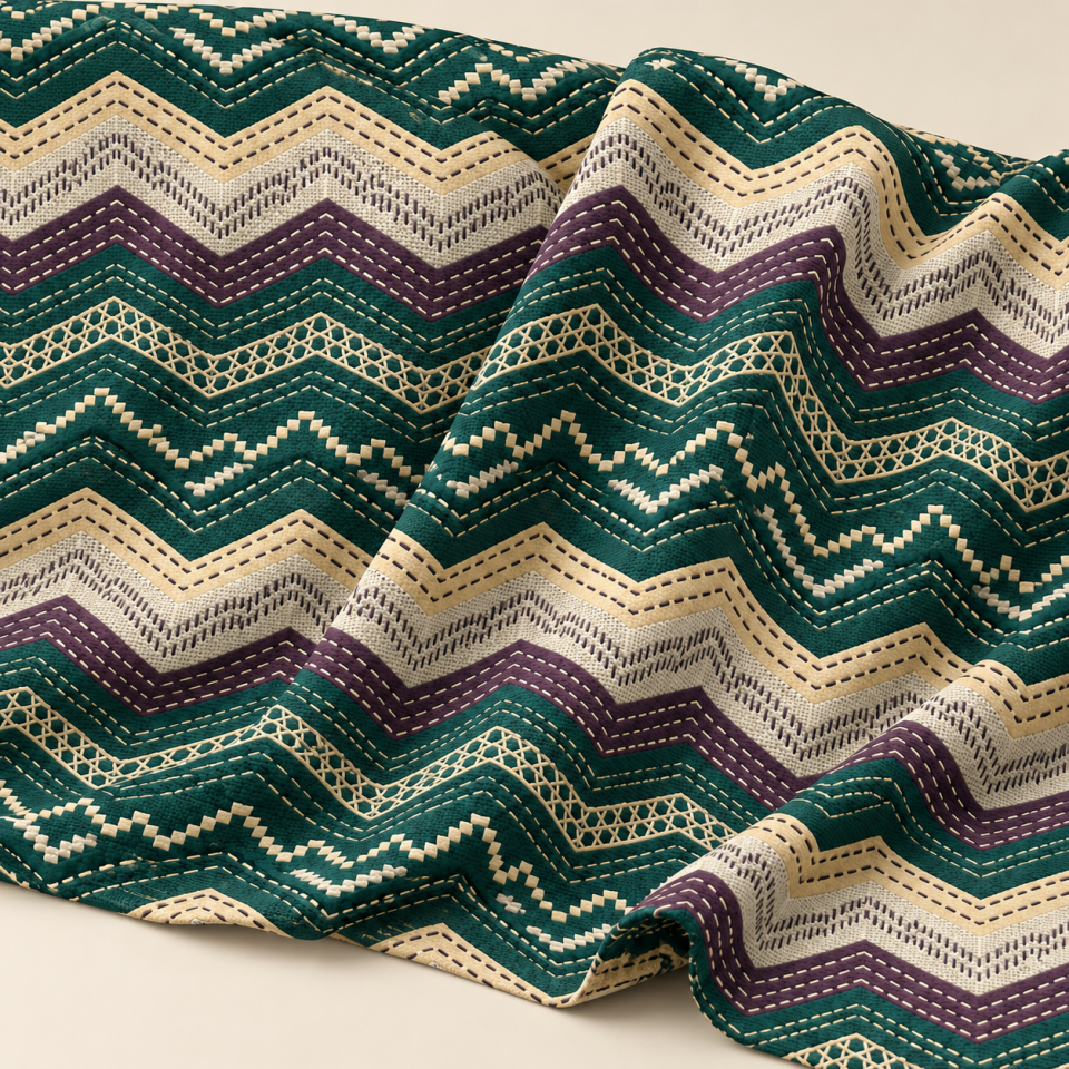 Nakış Zigzag Kumaş – Petrol Yeşili Etnik Boho Desenli Kumaş