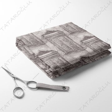 Kara Kalem Çizimi Vintage Pencere Desenli Dijital Baskı Kumaş