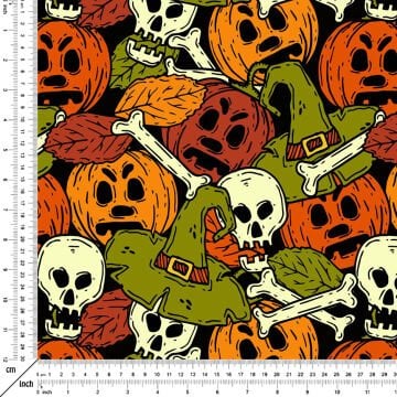 Happy Halloween Yeşil zemin üzerinde Korkunç yüzlüBal kabakları ve Kurukafalar ve kemikler Cadılar Bayramı Desenli Kumaş