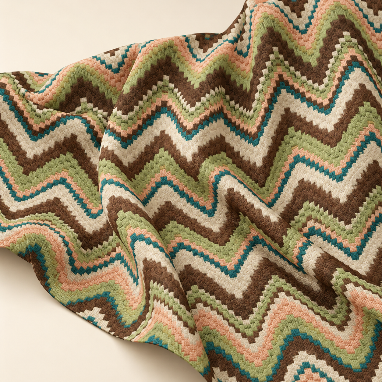 Kanaviçe Desenli Kumaş – Yeşil Kahve Retro Geometrik Kumaş
