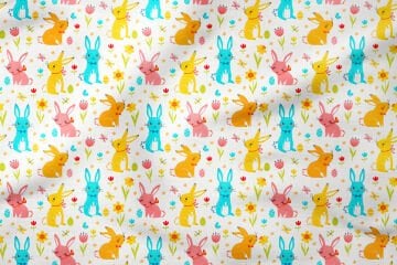 Happy Easter / Paskalya Koleksiyonu Çiçekler Arasında Rengarenk Tavşanlar Çok Amaçlı Dekoratif Dijital Baskı Kumaş
