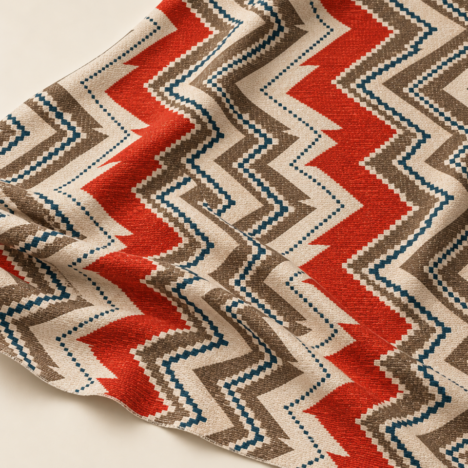 Kilim Desenli Kumaş – Kırmızı Krem Etnik Zigzag Dekoratif Kumaş