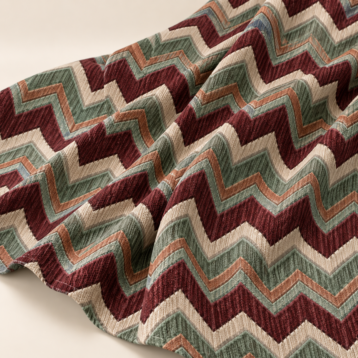 Chevron Desenli Kumaş – Bordo Adaçayı Yeşili Dokulu Zigzag Kumaş