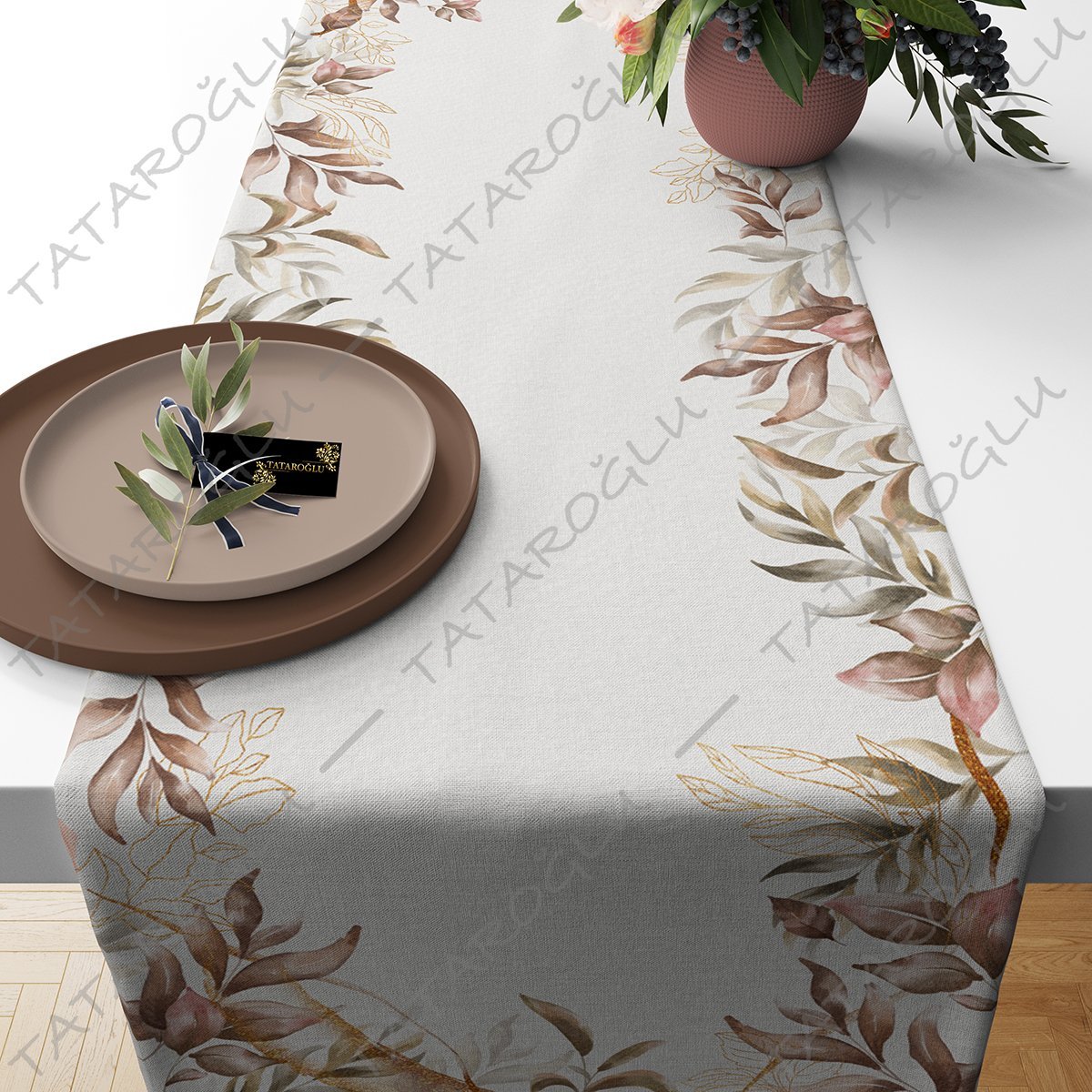 50 cm'lik Runner Krem Zeminli Gold Yaprak Desenli Kumaş(SONBAHAR İNDİRİMİ)