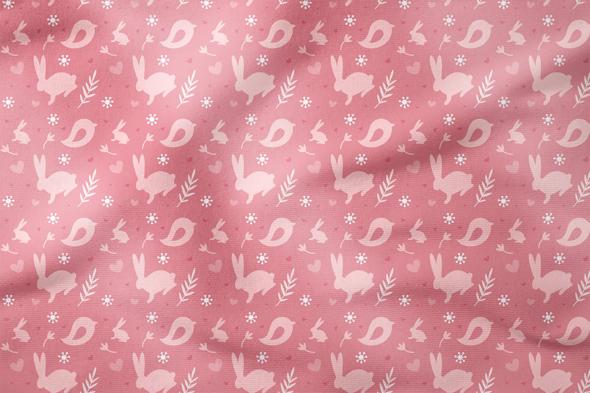 Happy Easter / Paskalya Pembe Zemin Üzerine Kuşlu Tavşanlar Çok Amaçlı Dekoratif Dijital Baskı Kumaş