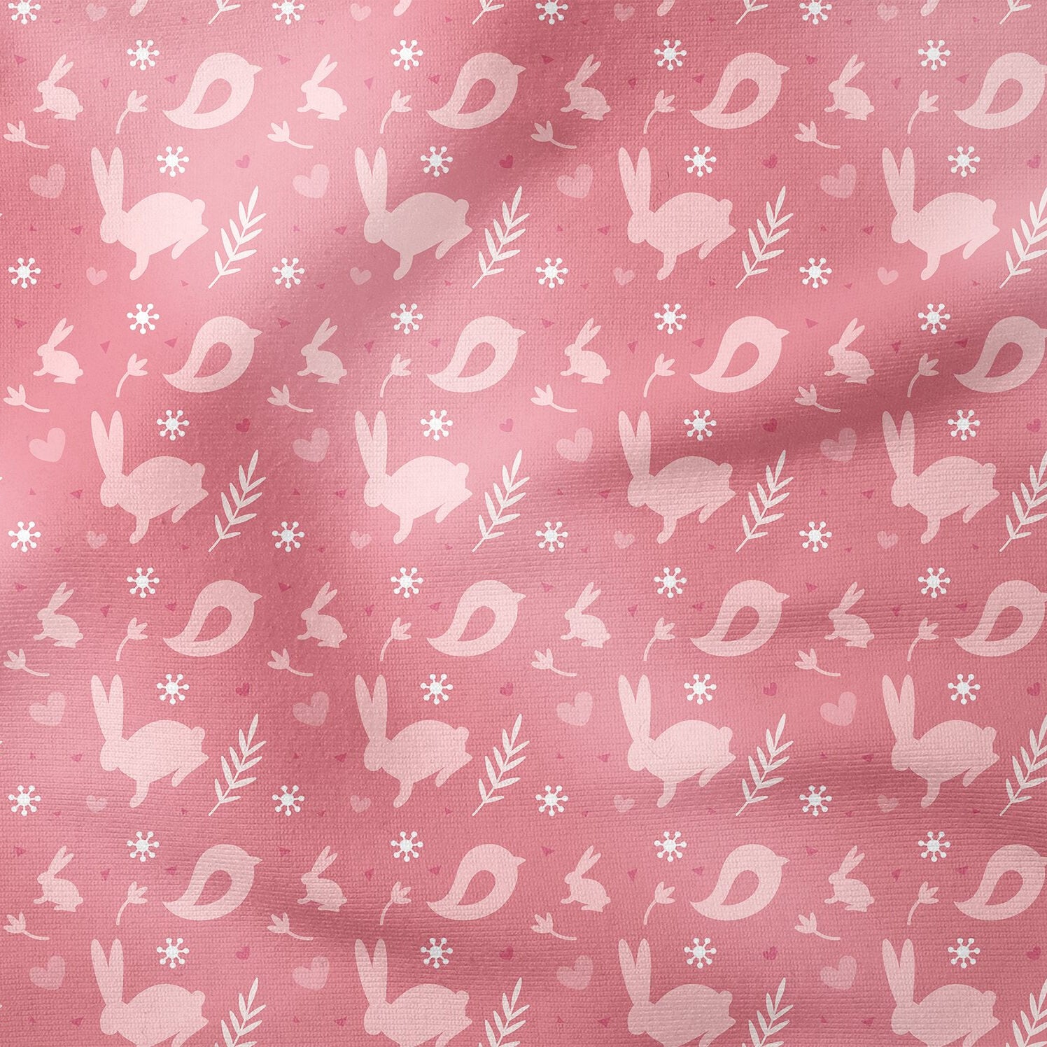 Happy Easter / Paskalya Pembe Zemin Üzerine Kuşlu Tavşanlar Çok Amaçlı Dekoratif Dijital Baskı Kumaş