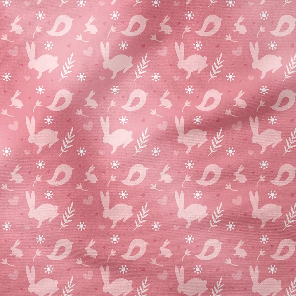 Happy Easter / Paskalya Pembe Zemin Üzerine Kuşlu Tavşanlar Çok Amaçlı Dekoratif Dijital Baskı Kumaş