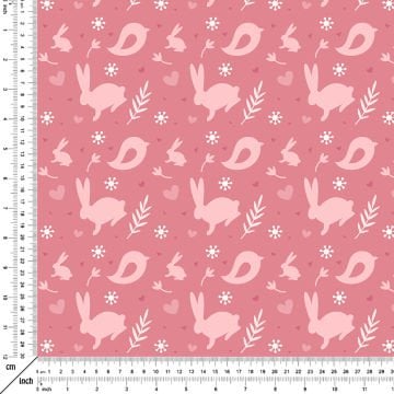 Happy Easter / Paskalya Pembe Zemin Üzerine Kuşlu Tavşanlar Çok Amaçlı Dekoratif Dijital Baskı Kumaş