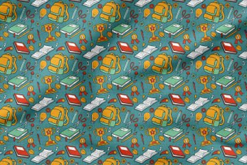 Back to School- Okula dönüş Yeşil Zemin Okul Çantası, Deney Tüpleri, Defter, Makas, Lolipop Desenli Kumaş